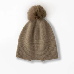 Winter Warm Knitted Hat Cashmere Beanie with Fur Pom-Pom