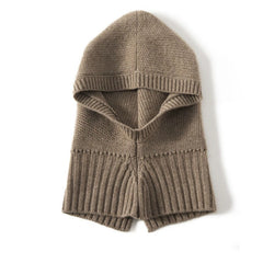 Knitted Hooded 100% Cashmere Hat with Ribbed Hem Loop Scarf