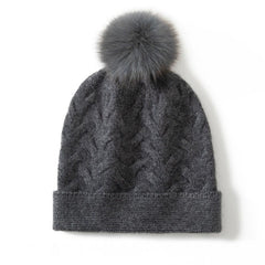 Cashmere Beanie Cable Knit Beanie Hat with Fur Pom Pom
