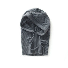 Windproof Cable-Knit Pure Cashmere Ribbed Hood with Drawstrings