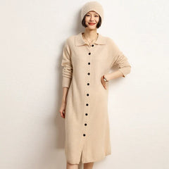 Button-Front Knit Dress with Collar Cashmere Long Sweater Dress