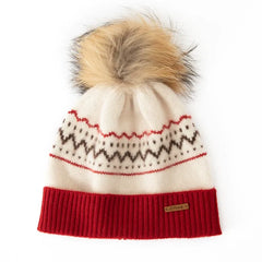 Cashmere Fair Isle Knit Beanie Hat with Fur Pom-Pom