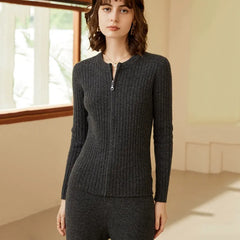 Ribbed Zipper Sweater Cardigan 100% Cashmere Slim Knit Jacket