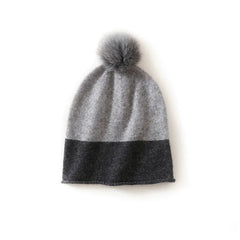 Two-Tone Ribbed Knit Cashmere Beanie with Fur Pom Pom