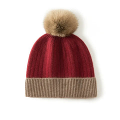 Knitted Cashmere Ribbed Beanie with Faux Fur Pom Hat Skull Cap