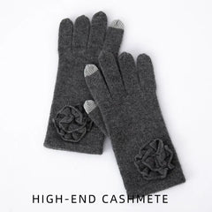 Cashmere Knitted Gloves Full Fingers Mitten with Crochet Flower