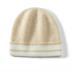 Ribbed Cashmere Beanie with Contrast Stripe Hem Hat Knitted Cap