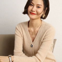Ribbed V-Neck Slim Striped Knit Sweater Cashmere Wool Cardigan