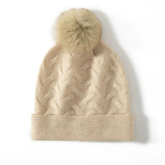 Cashmere Beanie Cable Knit Beanie Hat with Fur Pom Pom