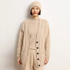 Cable-Knit Oversize Button Down Cashmere Cardigan Twisted Sweater