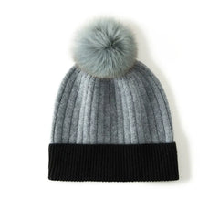 Knitted Cashmere Ribbed Beanie with Faux Fur Pom Hat Skull Cap