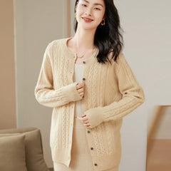 Crewneck Wool Cashmere Cable Knit Button Front Sweater Cardigan
