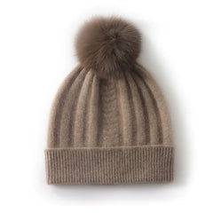 100% Cashmere Ribbed Chunky Knit Beanie with Pom-Pom for Women