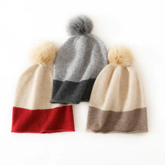 Two-Tone Ribbed Knit Cashmere Beanie with Fur Pom Pom