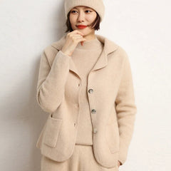 Lapel Button Front Knit Cashmere Sweater Cardigan Jacket with Collar
