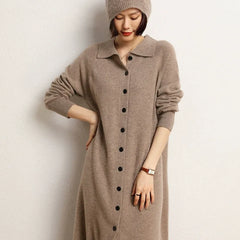 Button-Front Knit Dress with Collar Cashmere Long Sweater Dress