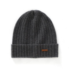 100% Cashmere Ribbed Knitted Beanie Cuffed Hat with Logo Patch