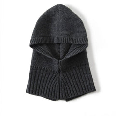 Knitted Hooded 100% Cashmere Hat with Ribbed Hem Loop Scarf