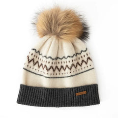 Cashmere Fair Isle Knit Beanie Hat with Fur Pom-Pom