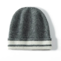 Ribbed Cashmere Beanie with Contrast Stripe Hem Hat Knitted Cap