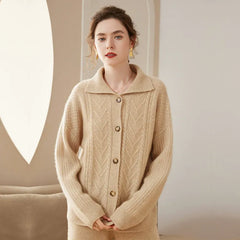 Cashmere Cable Knit Cardigan Polo Lapel Collar Button-Up Sweater