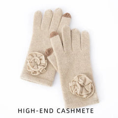 Cashmere Knitted Gloves Full Fingers Mitten with Crochet Flower