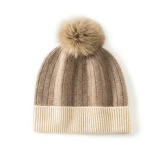 Knitted Cashmere Ribbed Beanie with Faux Fur Pom Hat Skull Cap
