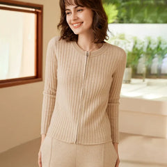 Ribbed Zipper Sweater Cardigan 100% Cashmere Slim Knit Jacket