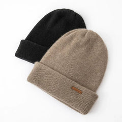 Double-Layer Cashmere Beanie Knit Unisex Hat with Fold-Over Cuff