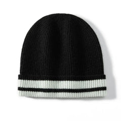 Ribbed Cashmere Beanie with Contrast Stripe Hem Hat Knitted Cap