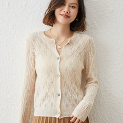 Button-Up O-Neck Hollow Cardigan Sweater Wool Knitwear Basic Tops