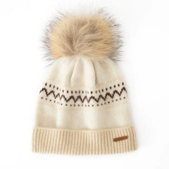 Cashmere Fair Isle Knit Beanie Hat with Fur Pom-Pom