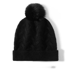 Cashmere Beanie Cable Knit Beanie Hat with Fur Pom Pom