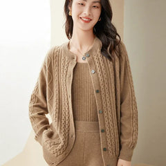 Crewneck Wool Cashmere Cable Knit Button Front Sweater Cardigan