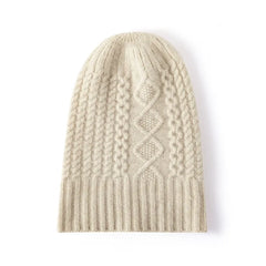 Pure Cashmere Hat Women Winter Knitted Twisted Flower Cap Beanies