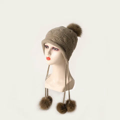 Knitted Thickened Pom Pom Cashmere Hat Trooper Style Ear Warmer