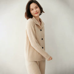 Cashmere Ribbed Knitwear Lapel Button-Up Collared Cardigan Top