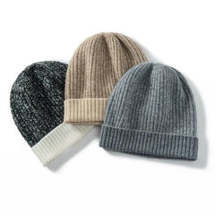 Two-Tone Cashmere Ribbed Knit Cashmere Beanie Hat
