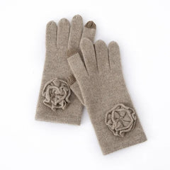 Cashmere Knitted Gloves Full Fingers Mitten with Crochet Flower