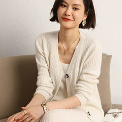 Ribbed V-Neck Slim Striped Knit Sweater Cashmere Wool Cardigan