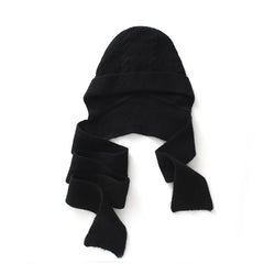 Cable-Knit Ribbed Cashmere Winter Hat with Wrap Scarf with Ties