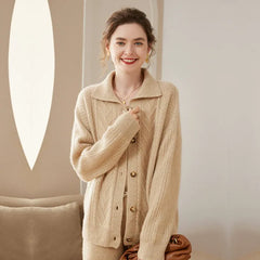 Cashmere Cable Knit Cardigan Polo Lapel Collar Button-Up Sweater