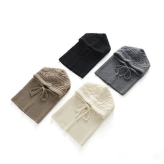 Windproof Cable-Knit Pure Cashmere Ribbed Hood with Drawstrings