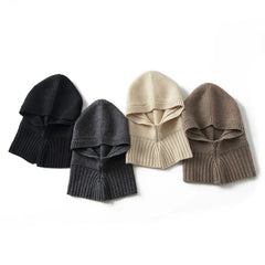 Knitted Hooded 100% Cashmere Hat with Ribbed Hem Loop Scarf