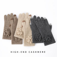 Cashmere Knitted Gloves Full Fingers Mitten with Crochet Flower
