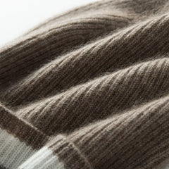 Ribbed Cashmere Beanie with Contrast Stripe Hem Hat Knitted Cap