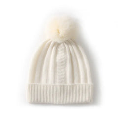 100% Cashmere Ribbed Chunky Knit Beanie with Pom-Pom for Women