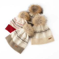 Cashmere Fair Isle Knit Beanie Hat with Fur Pom-Pom