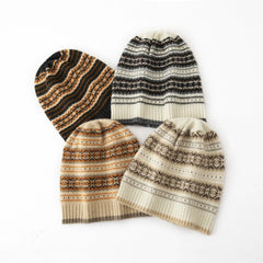 Fair Isle Inspired Pattern Cashmere Beanie Knit Hat Unisex
