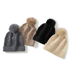 Cashmere Beanie Cable Knit Beanie Hat with Fur Pom Pom